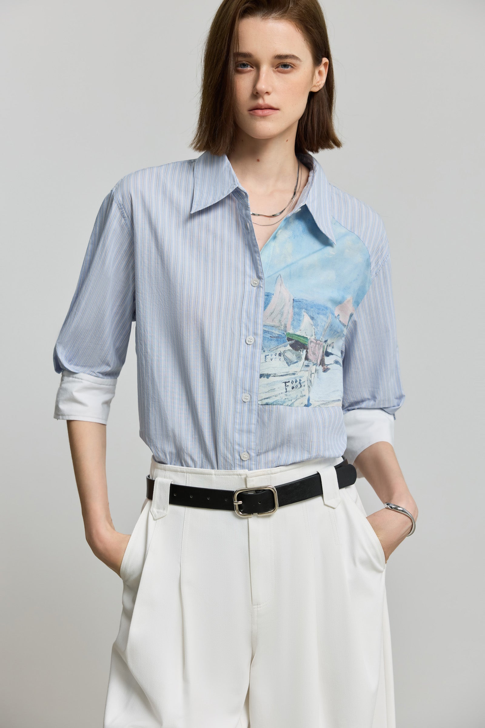 トップス 70s Angelica stripe cotton work shirt LILY 100% Cotton Artistic Stripe Print Shirt – LILY Official