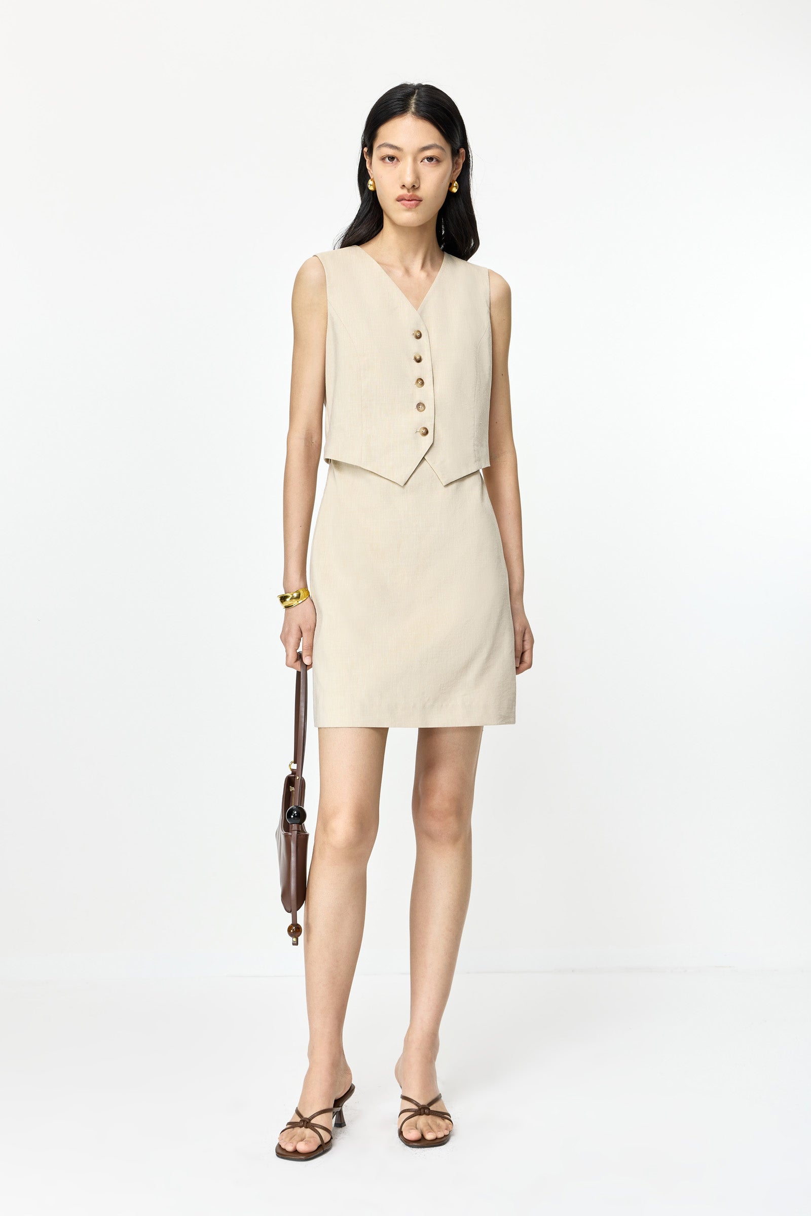 LILY V-Neck Sleeveless Vest Dress Light Khaki / L