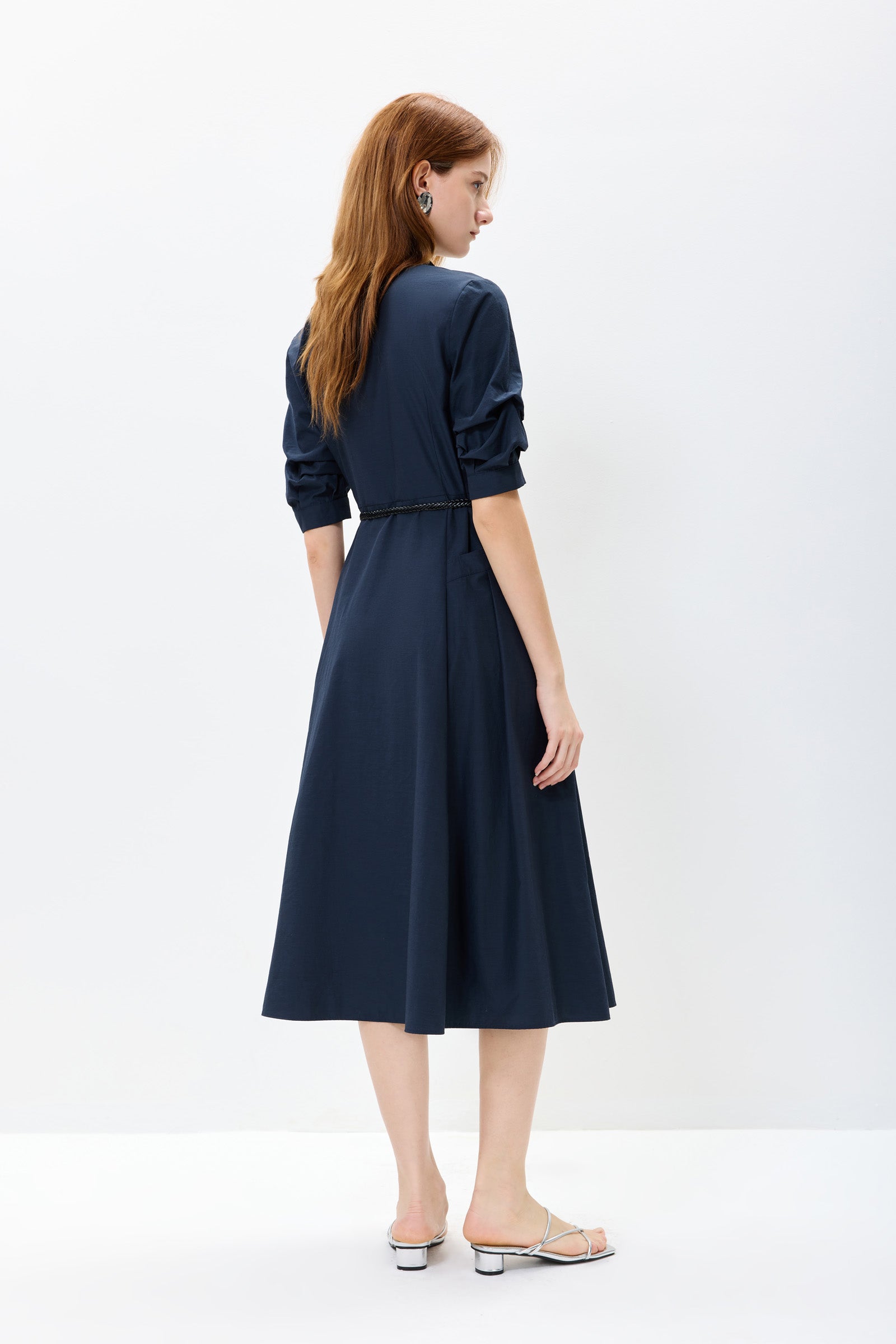 lily midi dress Belted Shirt Navy Blue / M Size:Coat Size 44 creating a dazzling play purple printed maxi dress Cocktail dress made of