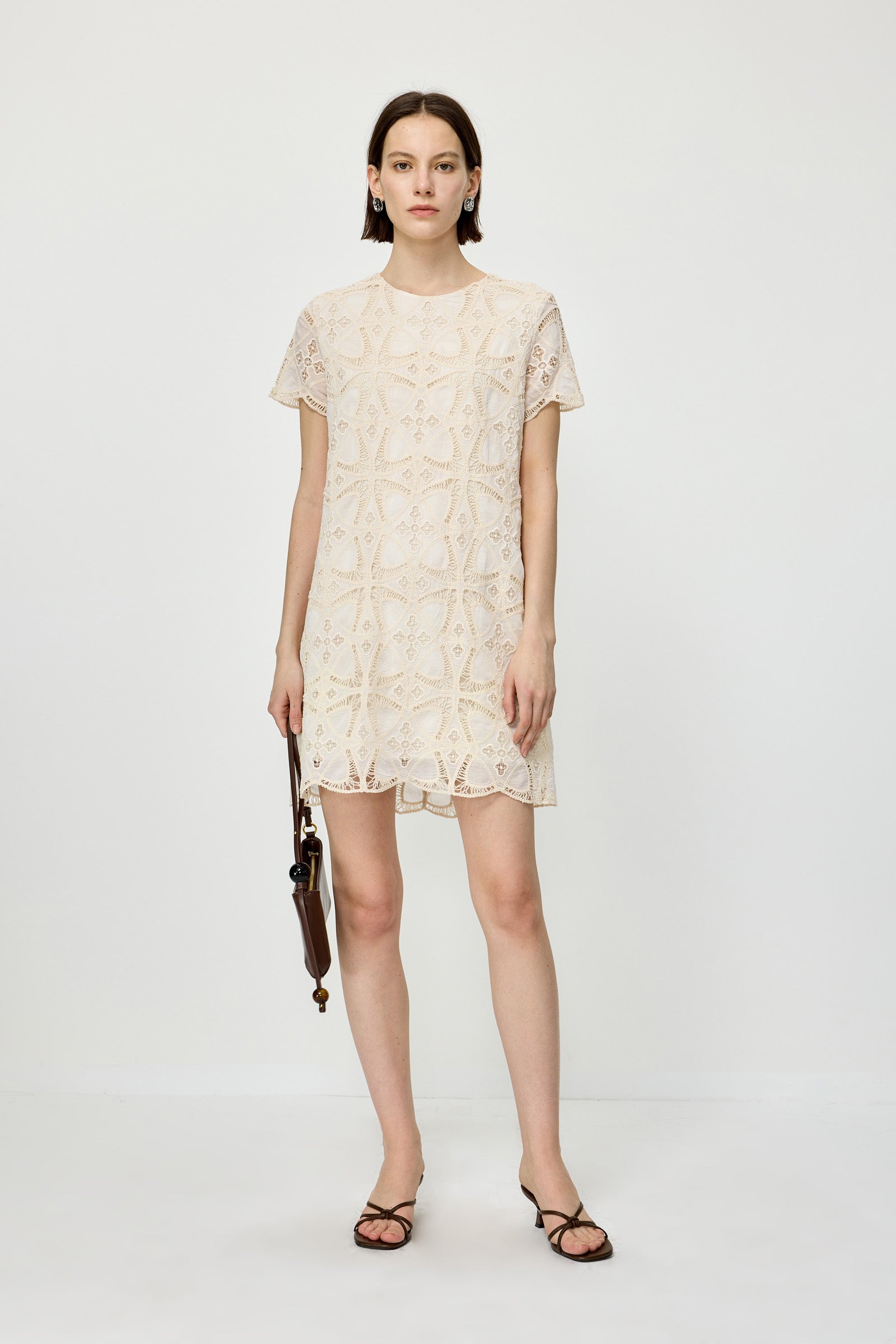 Embroidered Cutout Shift Dress Light Beige / S