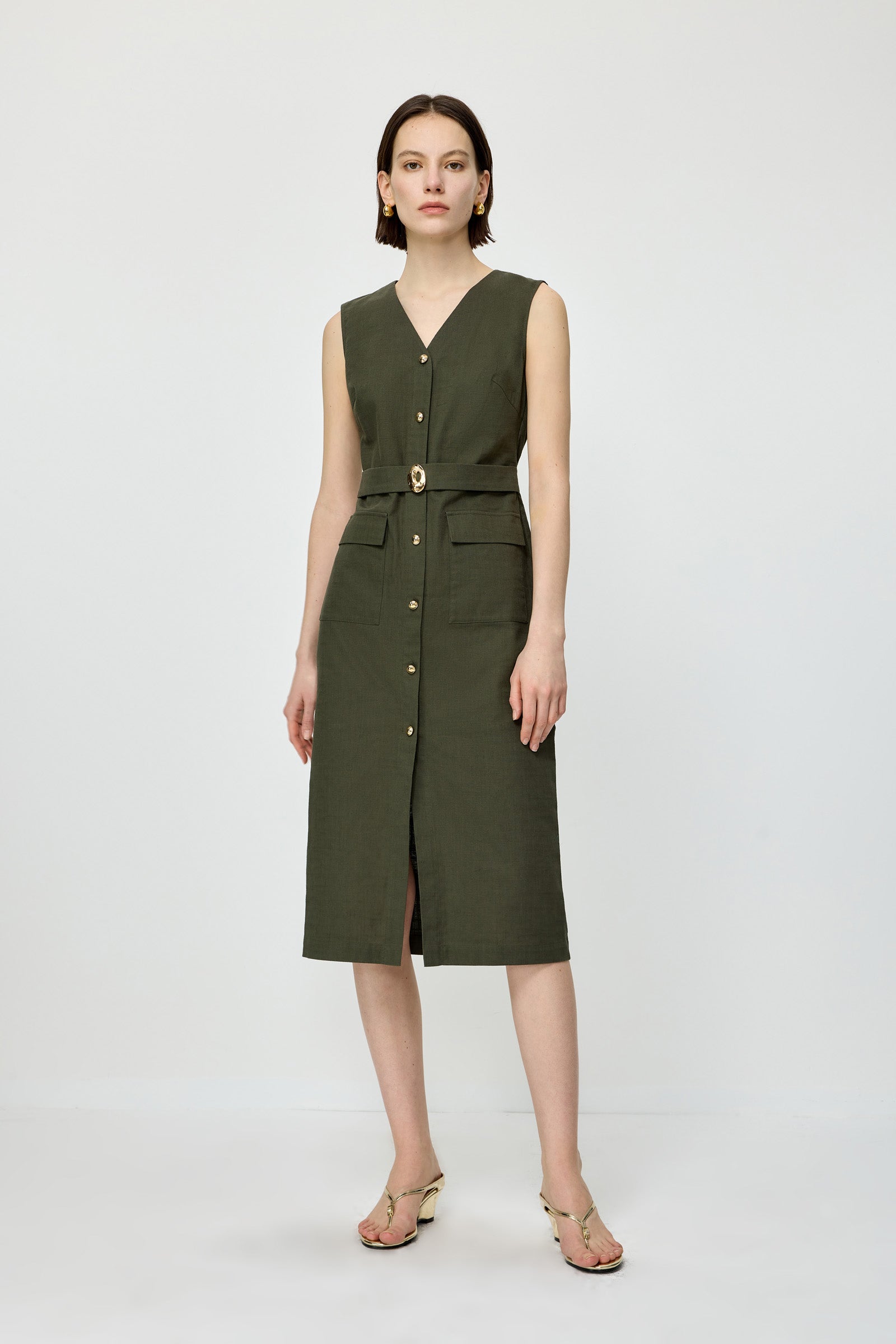 v neck linen midi dress SUNSET Sleeveless V-Neck Linen Midi Dress