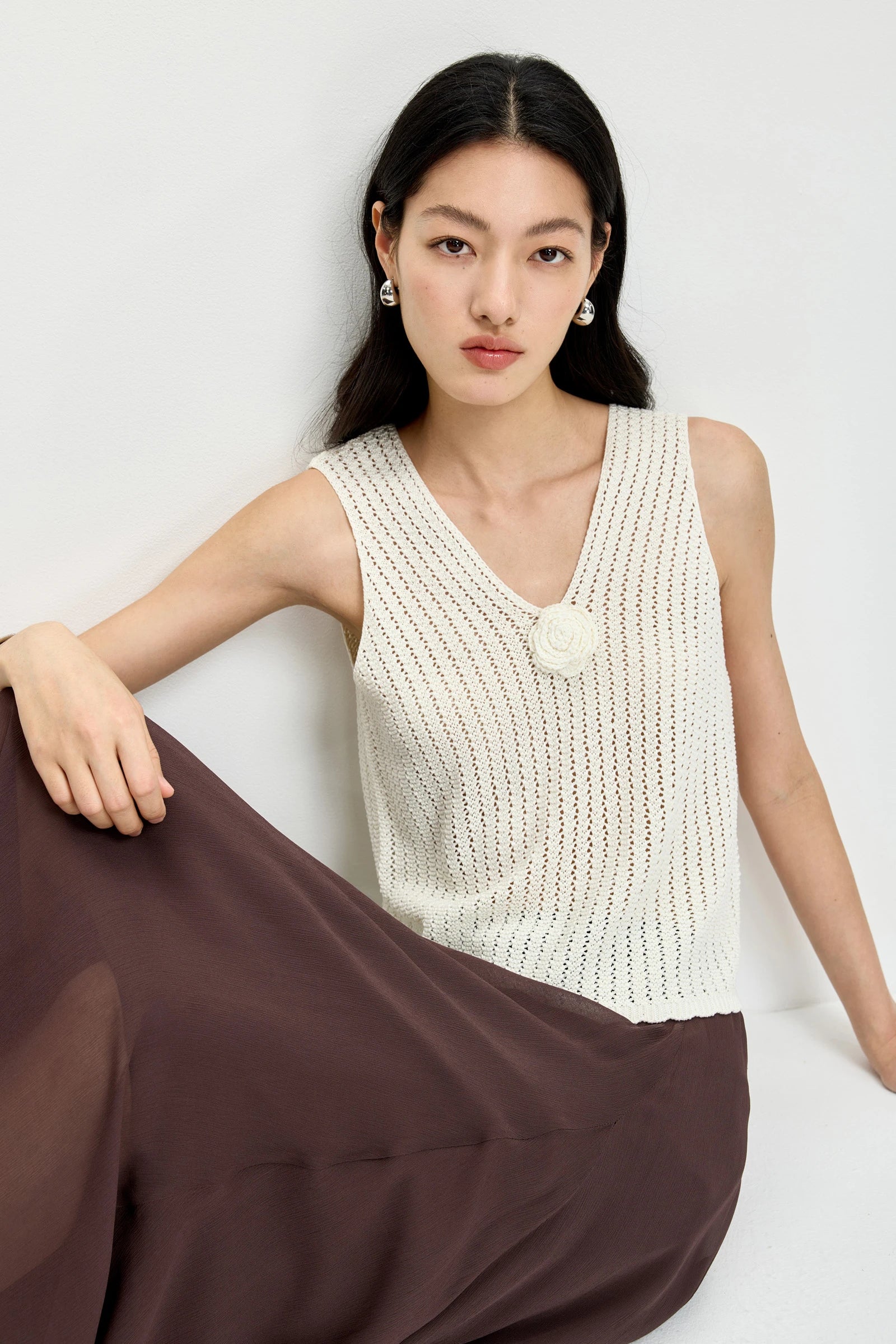 LILY Lyocell-Linen Crochet V-Neck Knit Vest