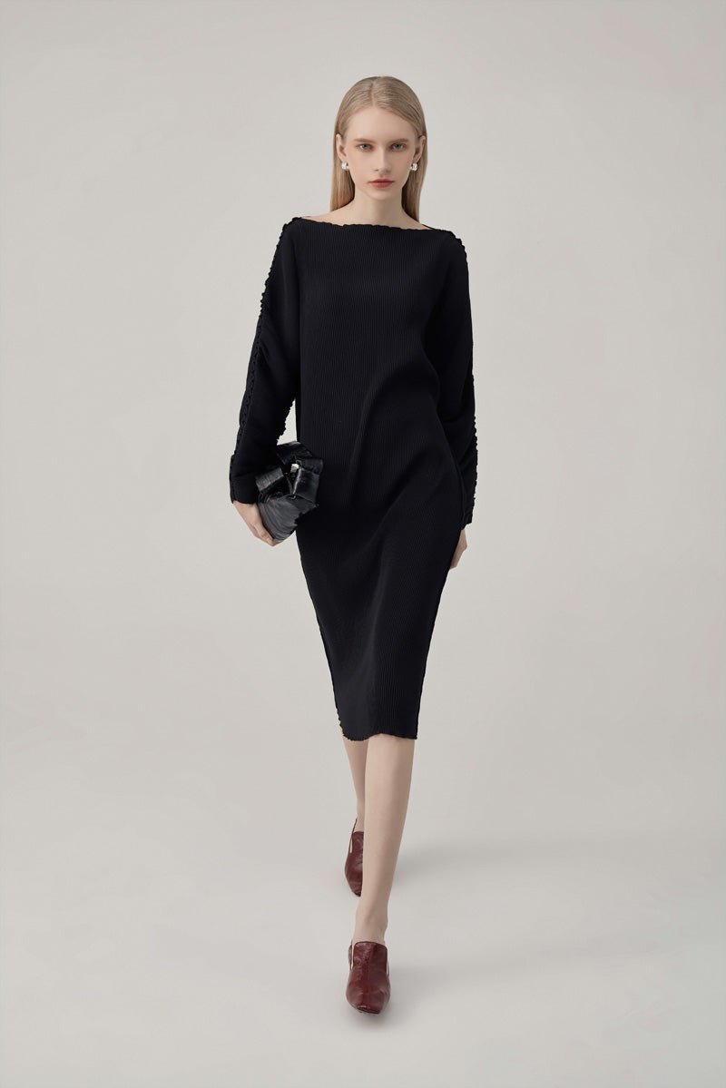 Boat Neck Ruffled Long Sleeve Midi Dress LILY Official Store Boat Neck Ruffled Long Sleeve Midi Dress LILY Official Store